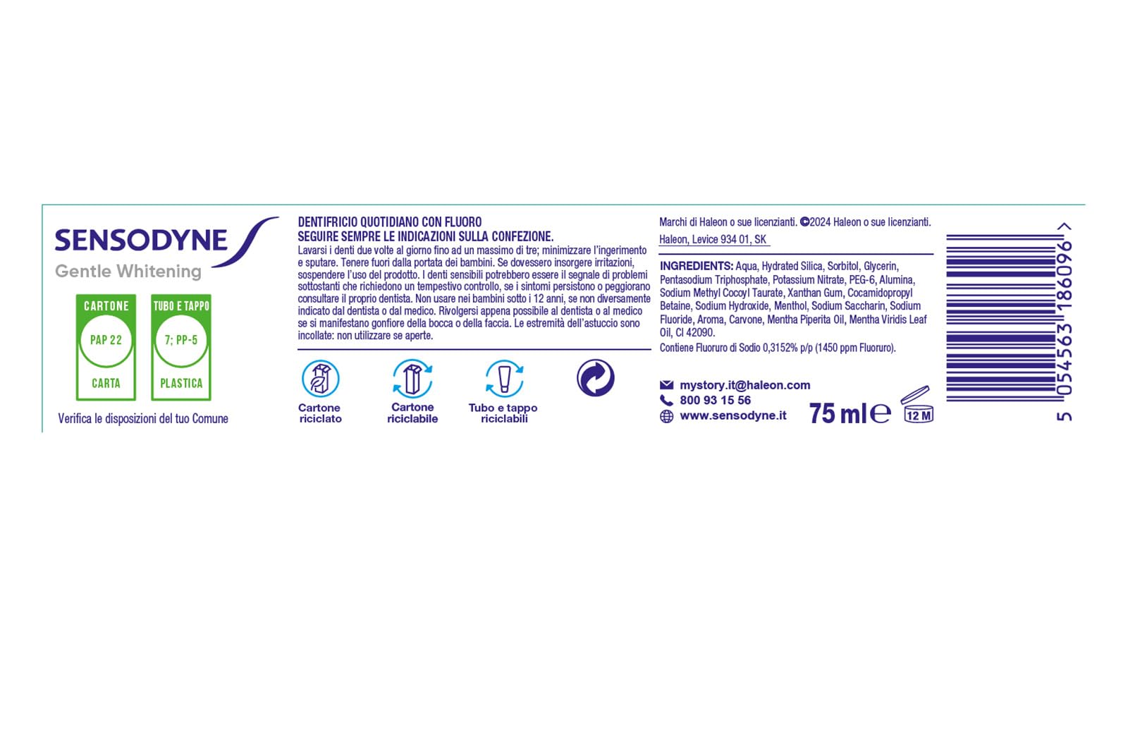 Sensodyne Gentle Whitening Dentifricio Per Denti Sensibili, Contribuisce A Denti Forti E Gengive Sane, Maxi formato 4x75 ml