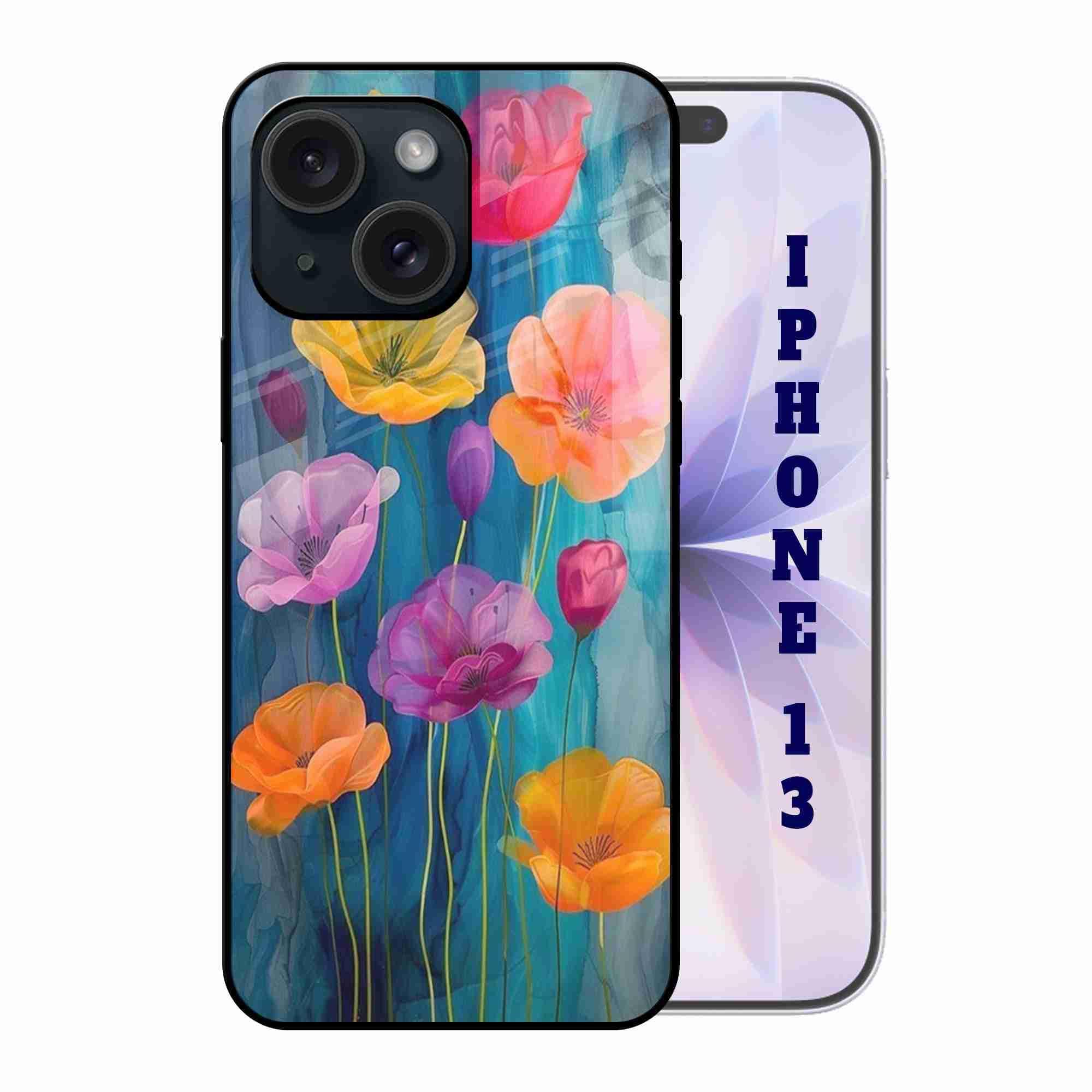 Abaci® Back Case Cover for iPhone 13 | Aesthetic Flower Painting | Printed Glass, Glossy Slim Lightweight, Wireless Charging, Drop Protection