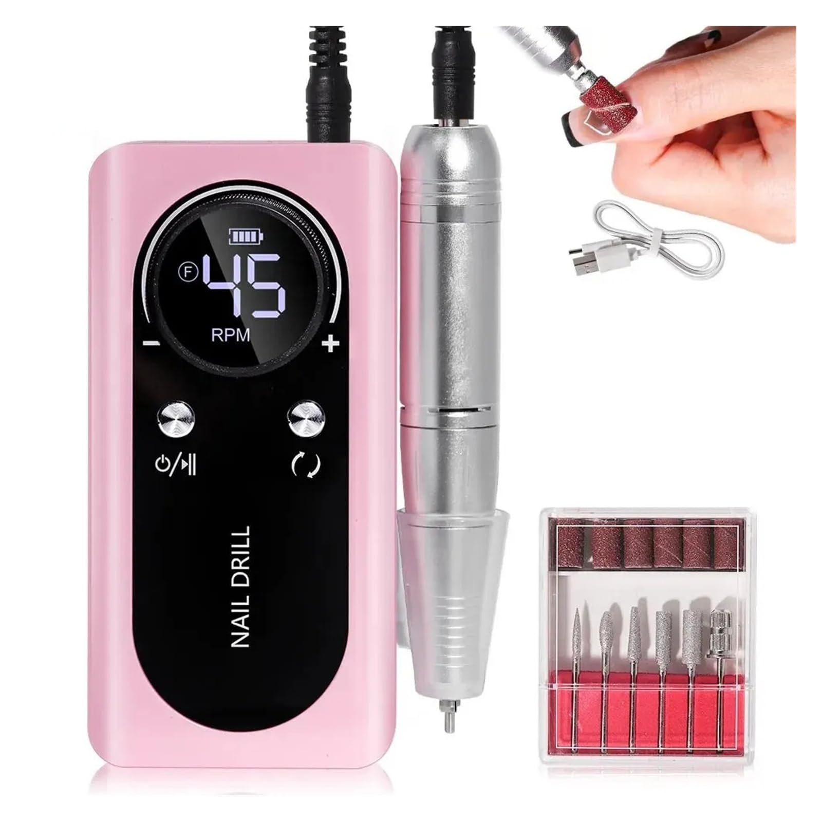Trapano per unghie, Trapano for unghie elettrico portatile professionale da 45000 giri/min, ricaricabile, lima levigatrice for a basso rumore(Pink)