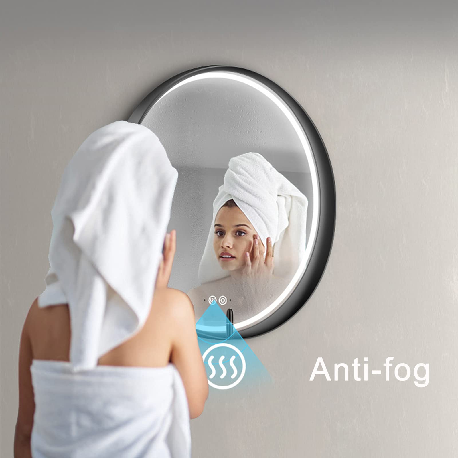 Lustro łazienkowe LED z czujnikiem ruchu i funkcją zapobiegającą zaparowaniu, konstrukcja naścienna z półką na kosmetyki