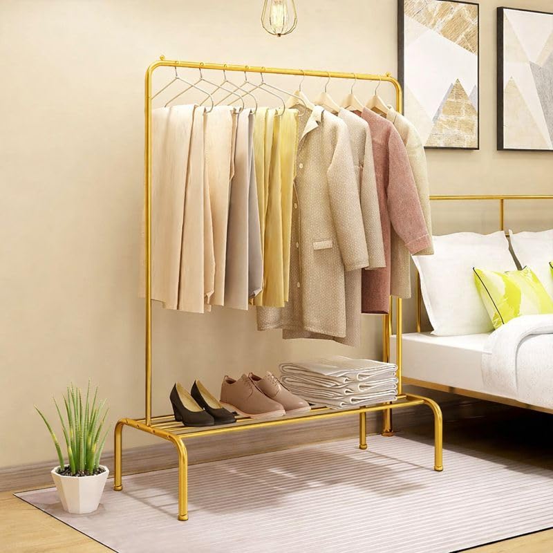 Image of Mevigo Heavy Duty Metal Clothing Rack with Storage Shelf | Freestanding Garment Organizer for Clothes, Shoes & Bags | Modern Wardrobe Rack for Bedroom, Entryway & Laundry Room -Bright Gold