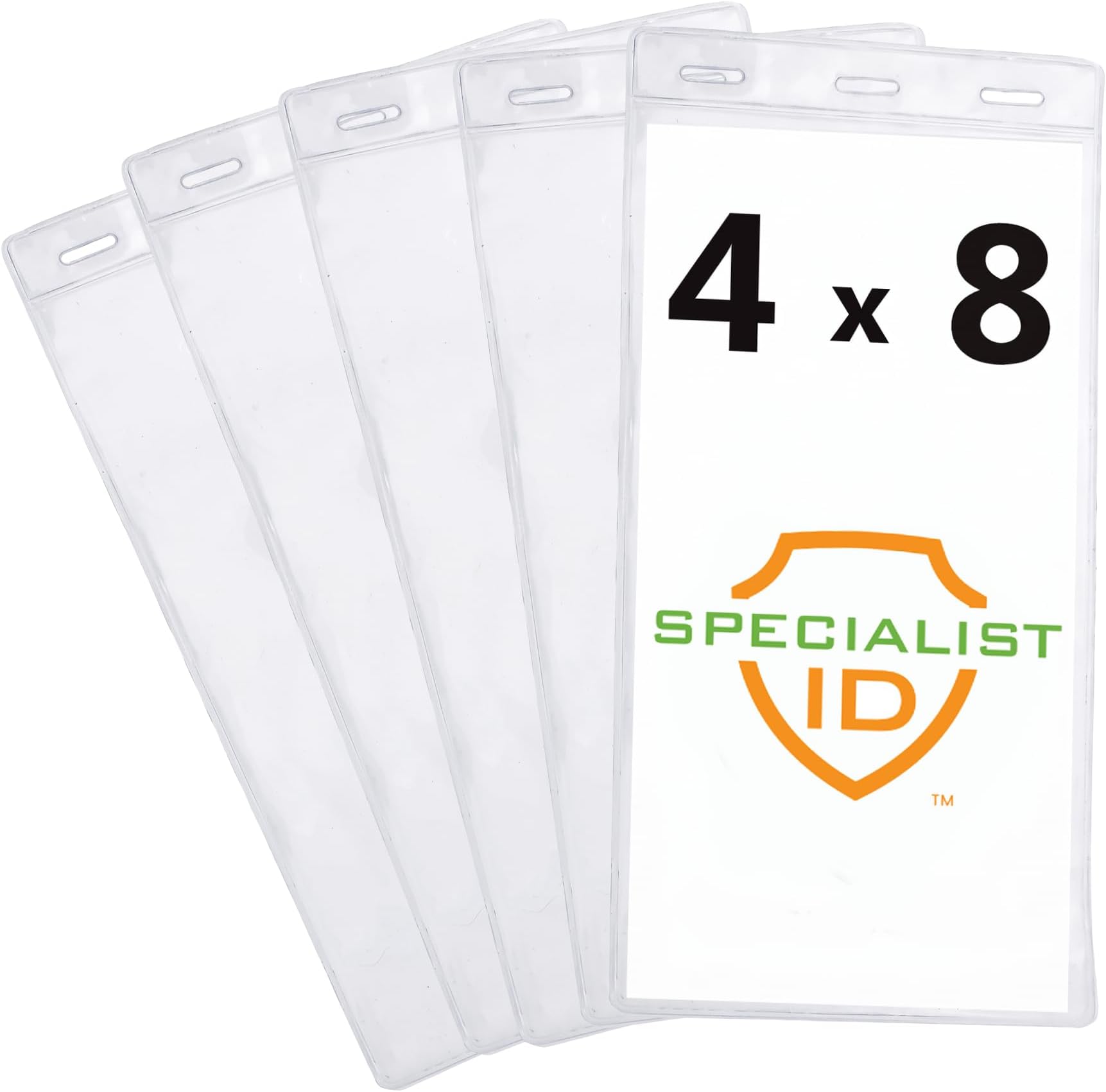 Specialist ID Extra Large 4X8 Inch Clear Plastic Ticket Holder Sleeves - 4" X 8" Big Credential Protectors for Sporting Events and Concerts - 3 Lanyard Slots at Top to Work with Any Lanyard 10 Pack