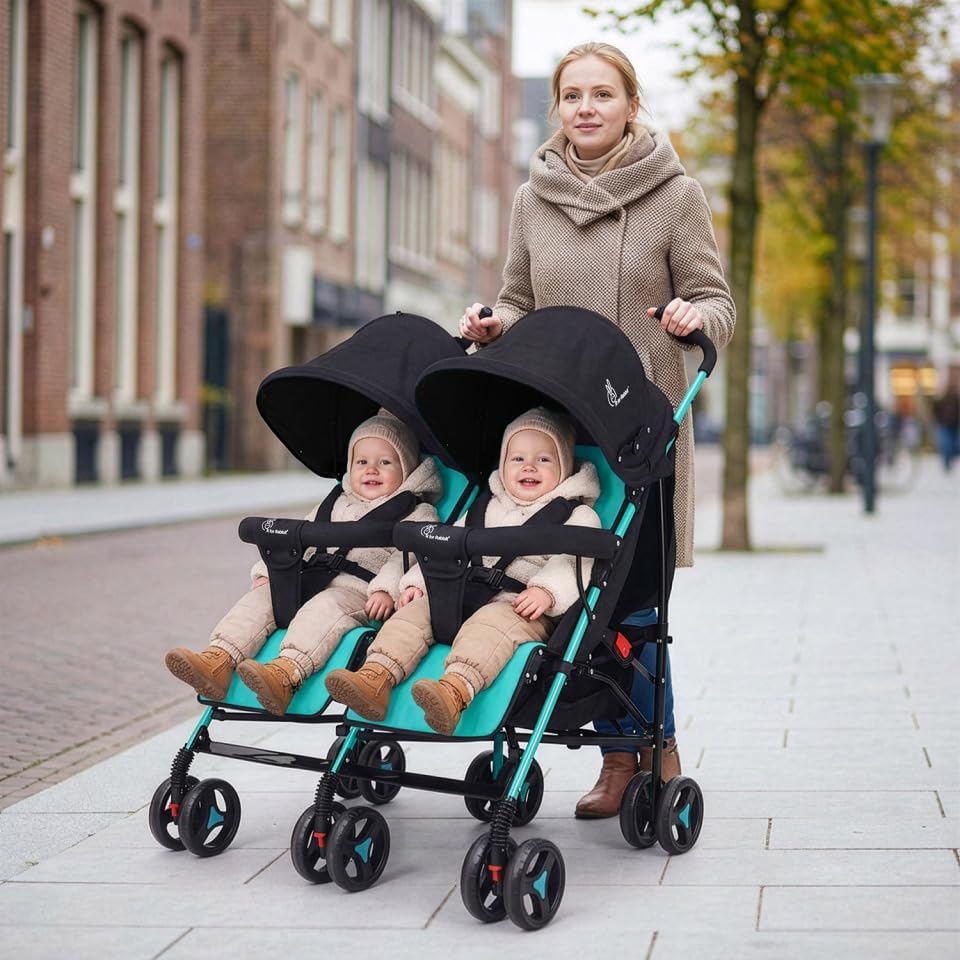 R for Rabbit Ginny And Johnny | Twin Baby Stroller & Pram Easy Foldable With Adjustable Seating Positions With Huge Storage Basket | Age 0-3 Yrs & Weight Upto 20 Kg (Blue Black)