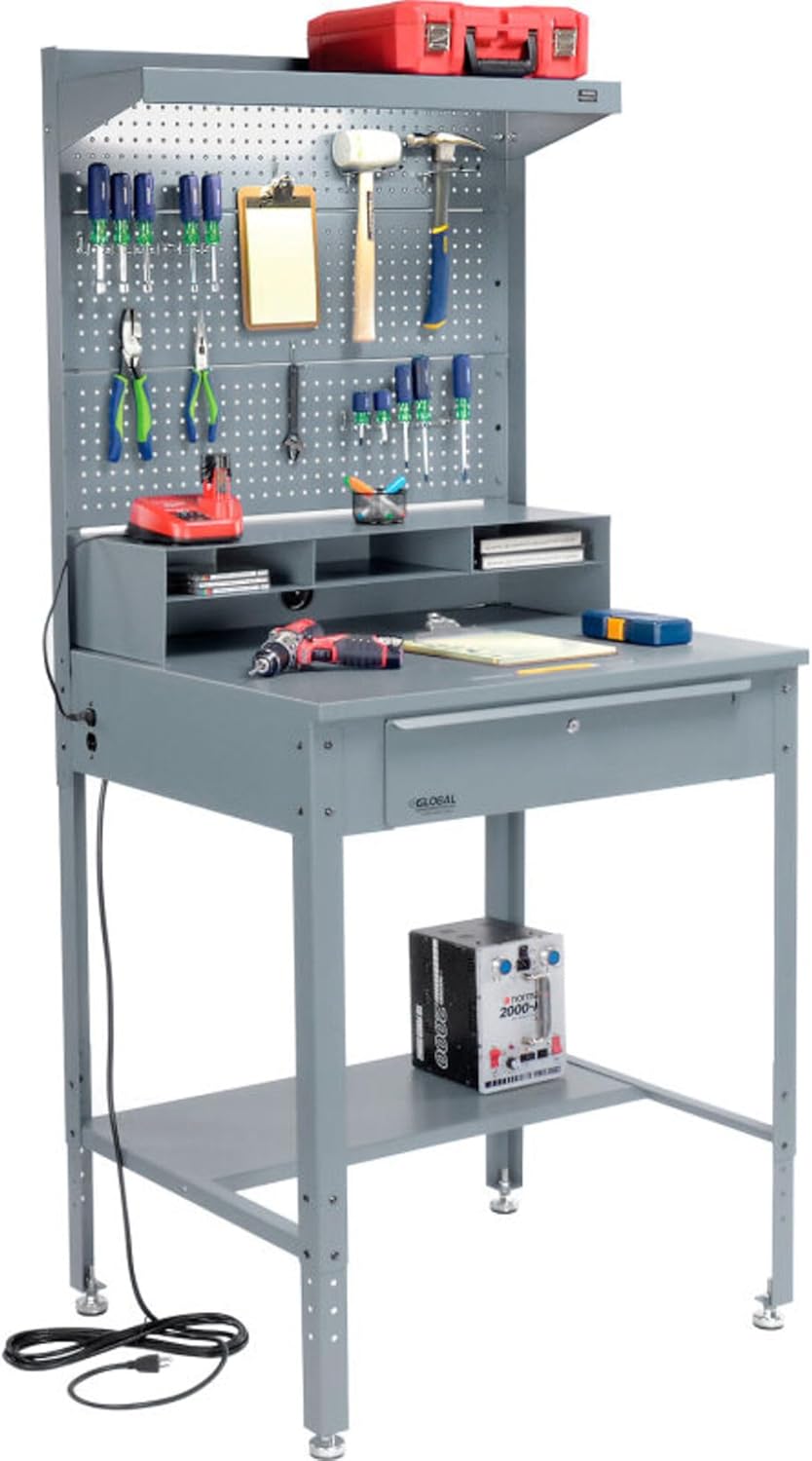 Global Industrial 34-1/2"W x 30"D x 38"H Shop Desk with Pigeonhole Riser, Pegboard, Top Shelf, Flat Surface, Gray
