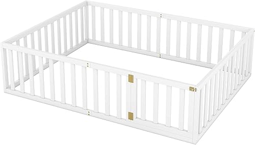 Miniatura 4 de P PURLOVE Cama de suelo de madera tamaño Queen, marco de cama con barandilla en forma de valla y puerta que se puede cerrar para niños y niñas,