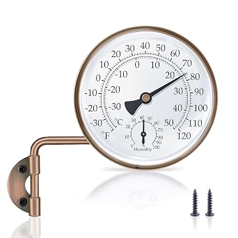 4 Inch Brass Outdoor Thermometer, Outside Decorative Thermometer for Patio, Window, Greenhouse, Garage, Brass Swivel Temperature Gauge with Humidity, Analog Temperature Gauge