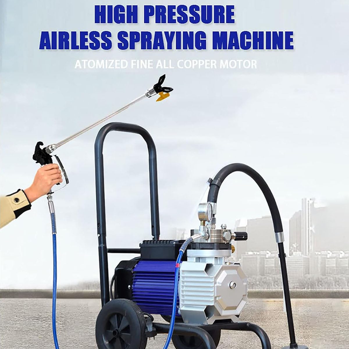 Pulverizador de pintura sin aire, máquina de pintura eléctrica de 1500 W con carro, tubo de alta presión, spray motorizado de 4 l/min para paredes interiores y exteriores del hogar
