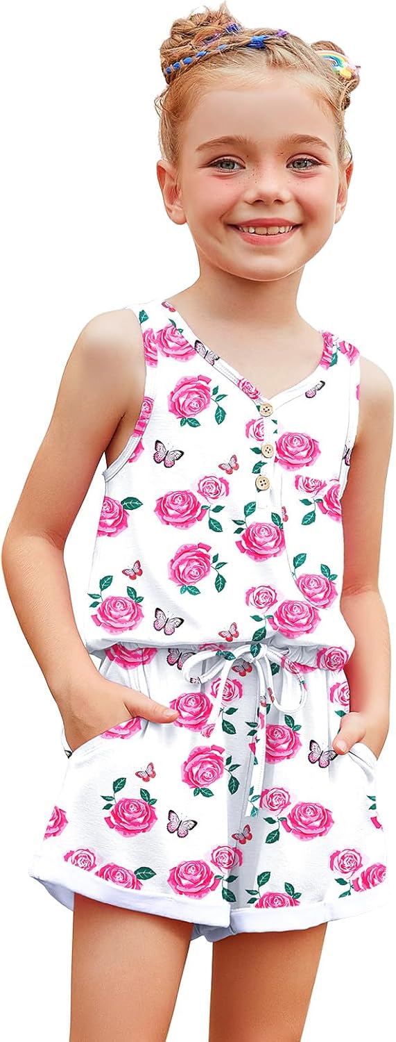 Mirawise Girls Romper Sleeveless Jumpsuit Button Kids Summer Clothes Casual Outfits V Neck Tie Front Shorts with Pocket 4-13Y