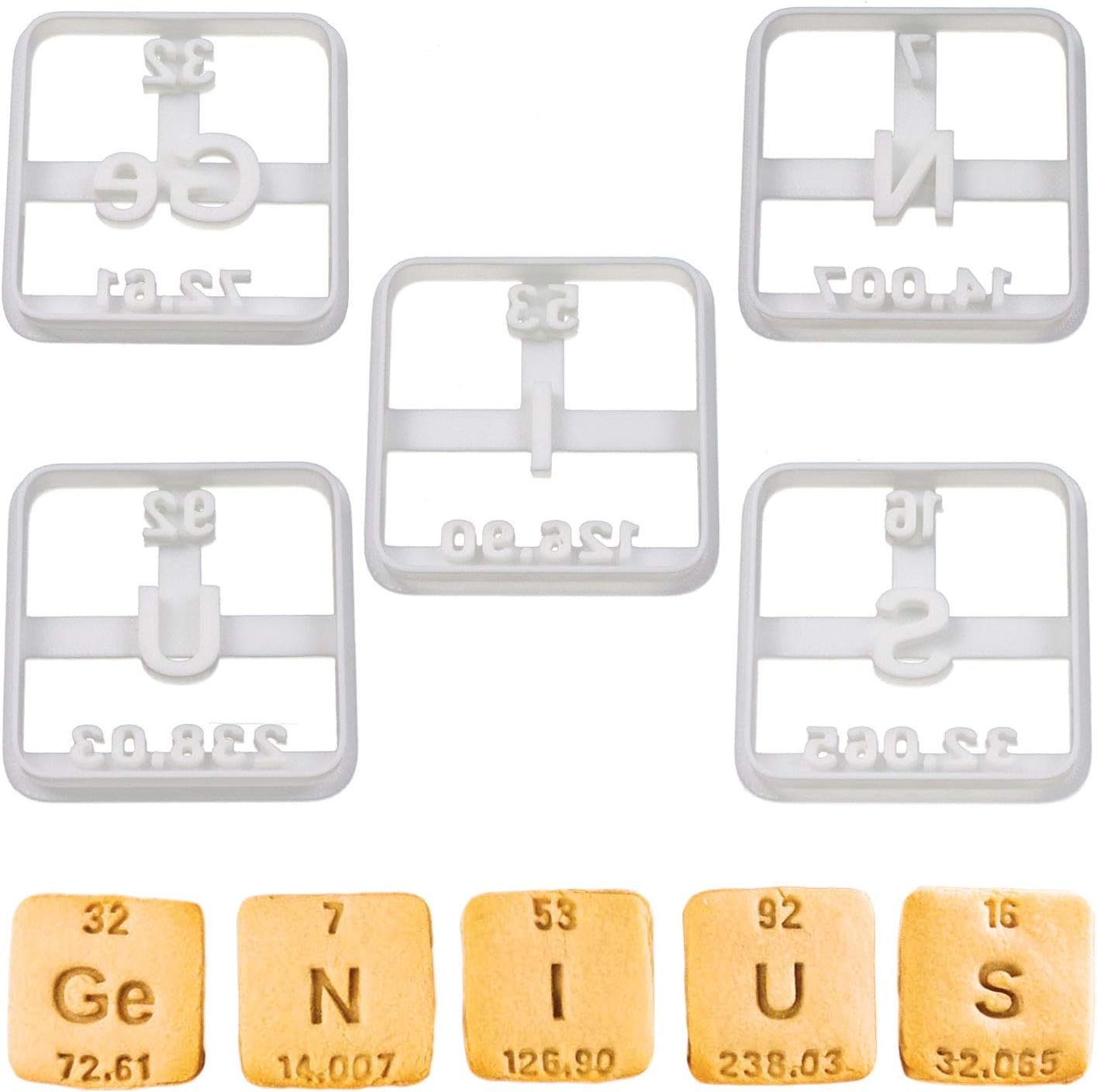 Set of 5 Periodic Table Elements cookie cutters: Ge,N,I,U,S, 5 pieces - Bakerlogy