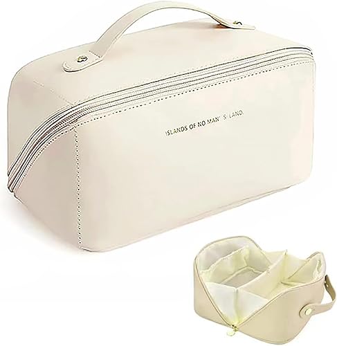 Bolsa de cosméticos, bolsa de maquillaje de piel sintética de gran capacidad con asa y divisores para mujeres, bolsa de maquillaje portátil