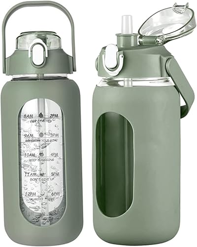 Botellas de agua de 64 onzas con pajilla, botellas de agua de vidrio con marcador de tiempo y funda de silicona, botella de bebida deportiva