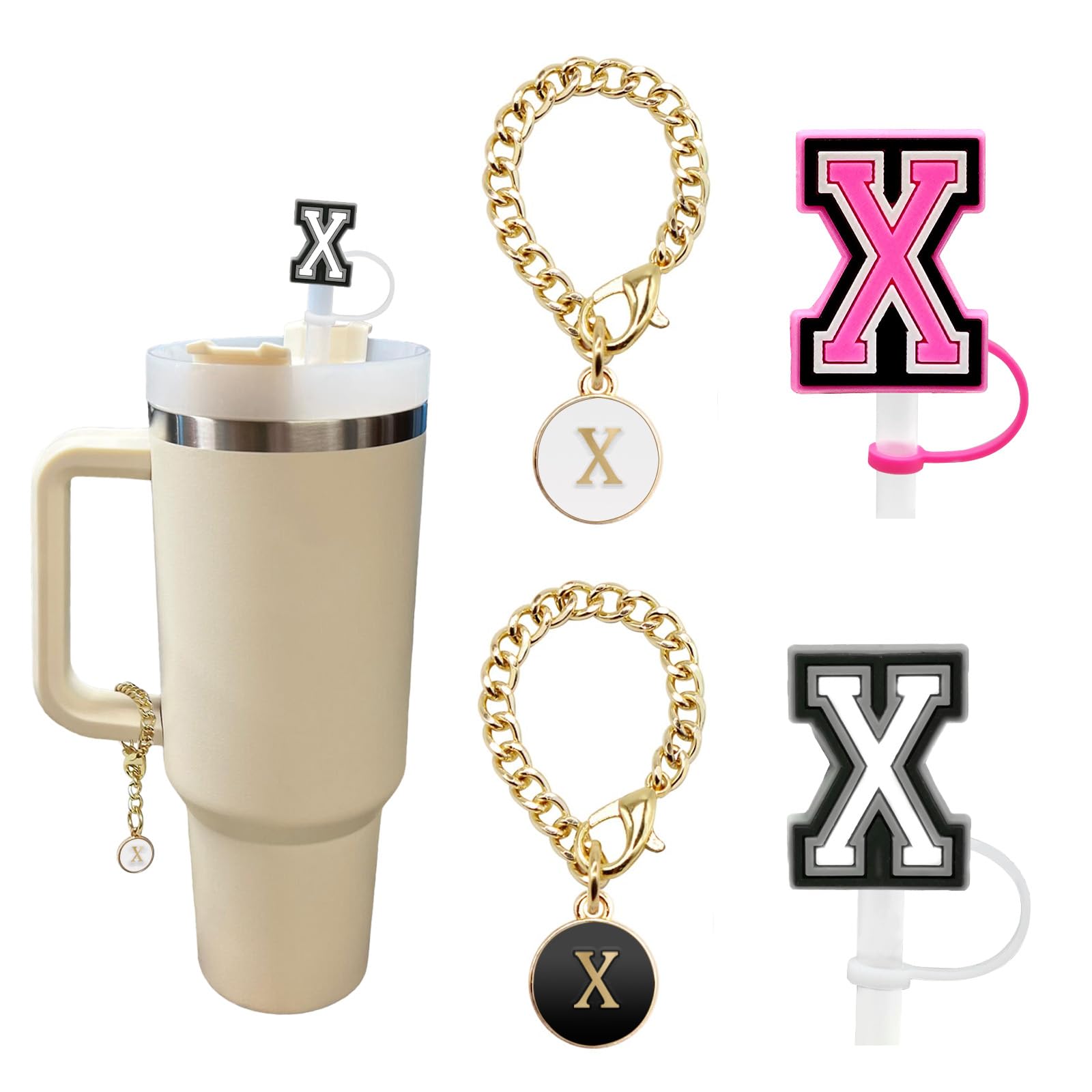 Kriklar（2+2）2PCS Straw Cover for Stanley Cup 30&40 Oz 10mm Straw Topper with 2PCS Stanley Cup Accessories Letter Charms Name ID Initial Letter Handle Personalized Charm For Stanley Tumbler (Letter X)