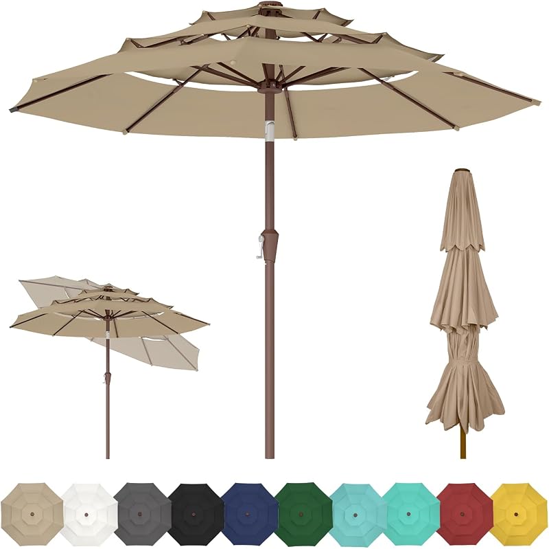 3-Tier 9-FT-Patio-Umbrella, 8 Sturdy Fiberglass Ribs, Tan | Vented Canopy for Wind Protection | Push Button Tilt & Crank | Waterproof Market Umbrellas | for Pool Backyard Garden