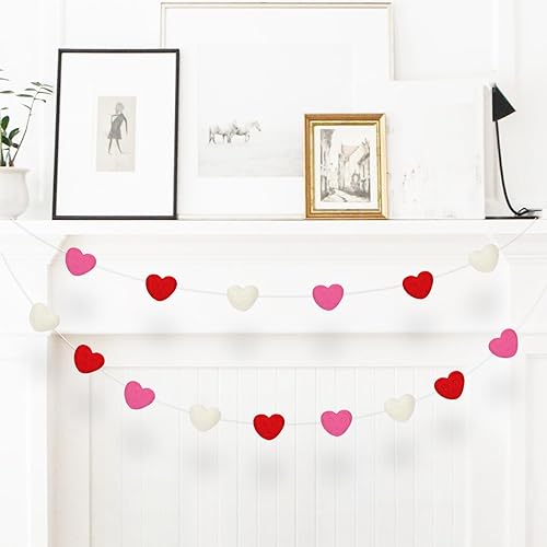 Vista 16 de Guirnalda de bola de fieltro para el día de San Valentín, guirnalda de pompones de corazón rosa y blanco para árbol del hogar, día de San Valentín