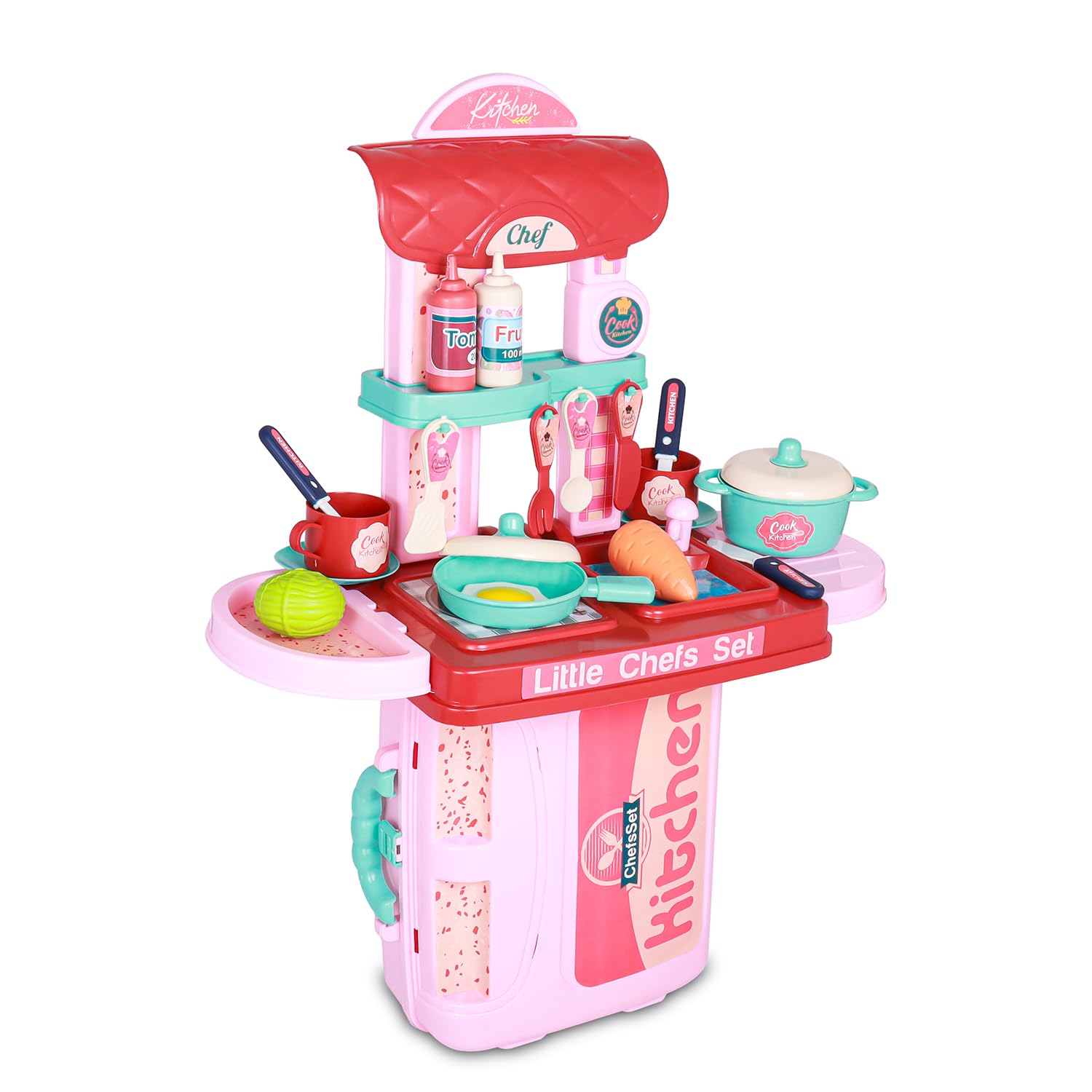 PUREjoy 3in1 Plastic Pretend Play Portable 28 pcs Kitchen Set for Girls and Boys