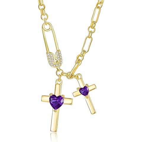 Gold Cross Necklace for Women 14K Double Cross Pendant Necklace Dainty Safety Pin 2...