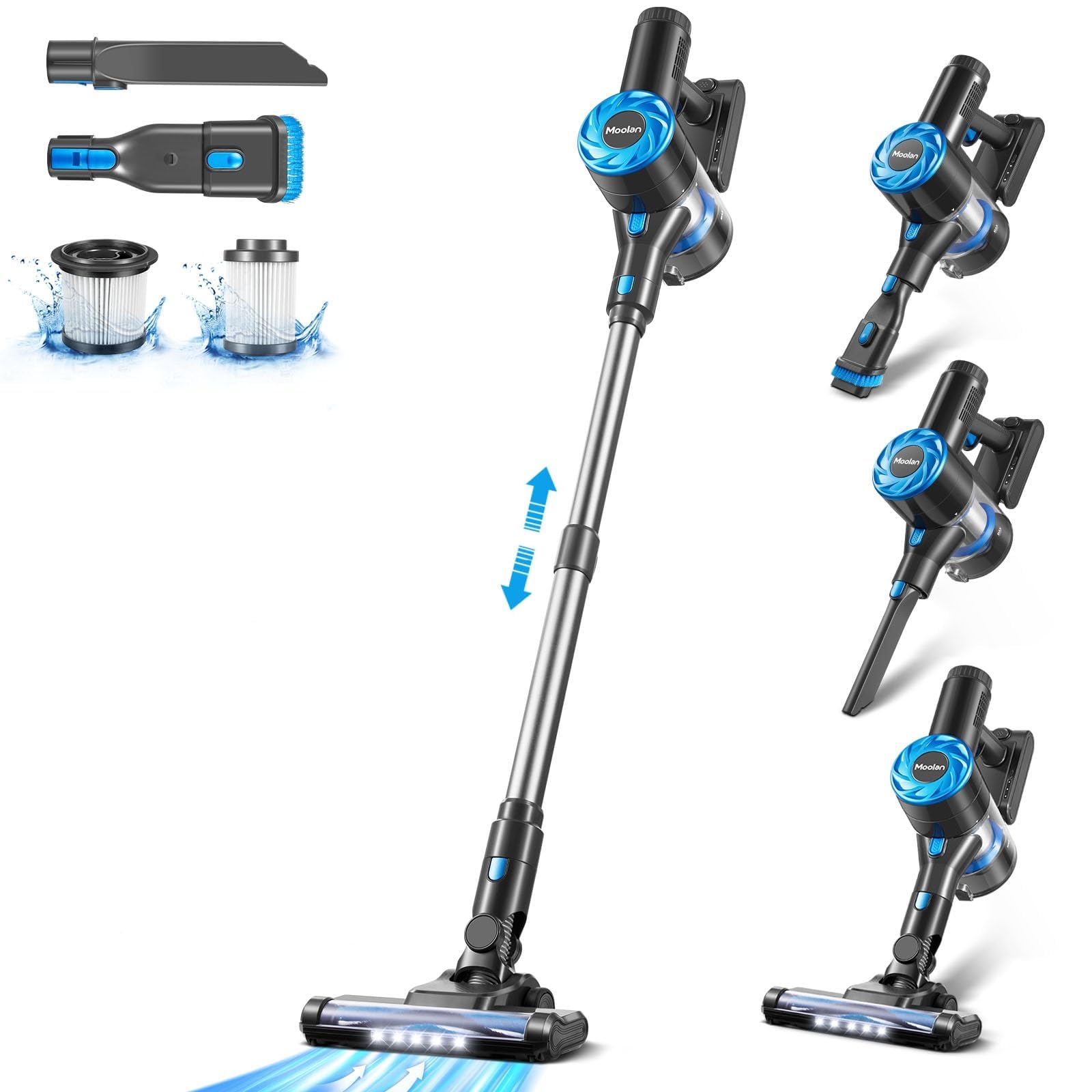 Moolan Cordless Vacuum Cleaner, 6 in 1 Portable Cordless Stick Vacuum with Powerful Suction, 40min Runtime Rechargeable Vacuum Cleaner for Home Hardwood Floor