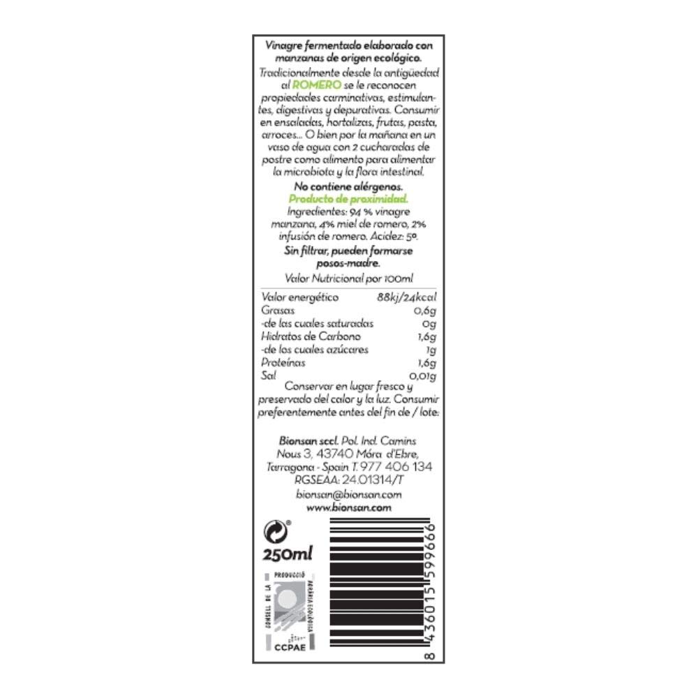 Bionsan Vinagre de Manzana con Miel y Romero | 4 botellas de 250ml | Total: 1000ml