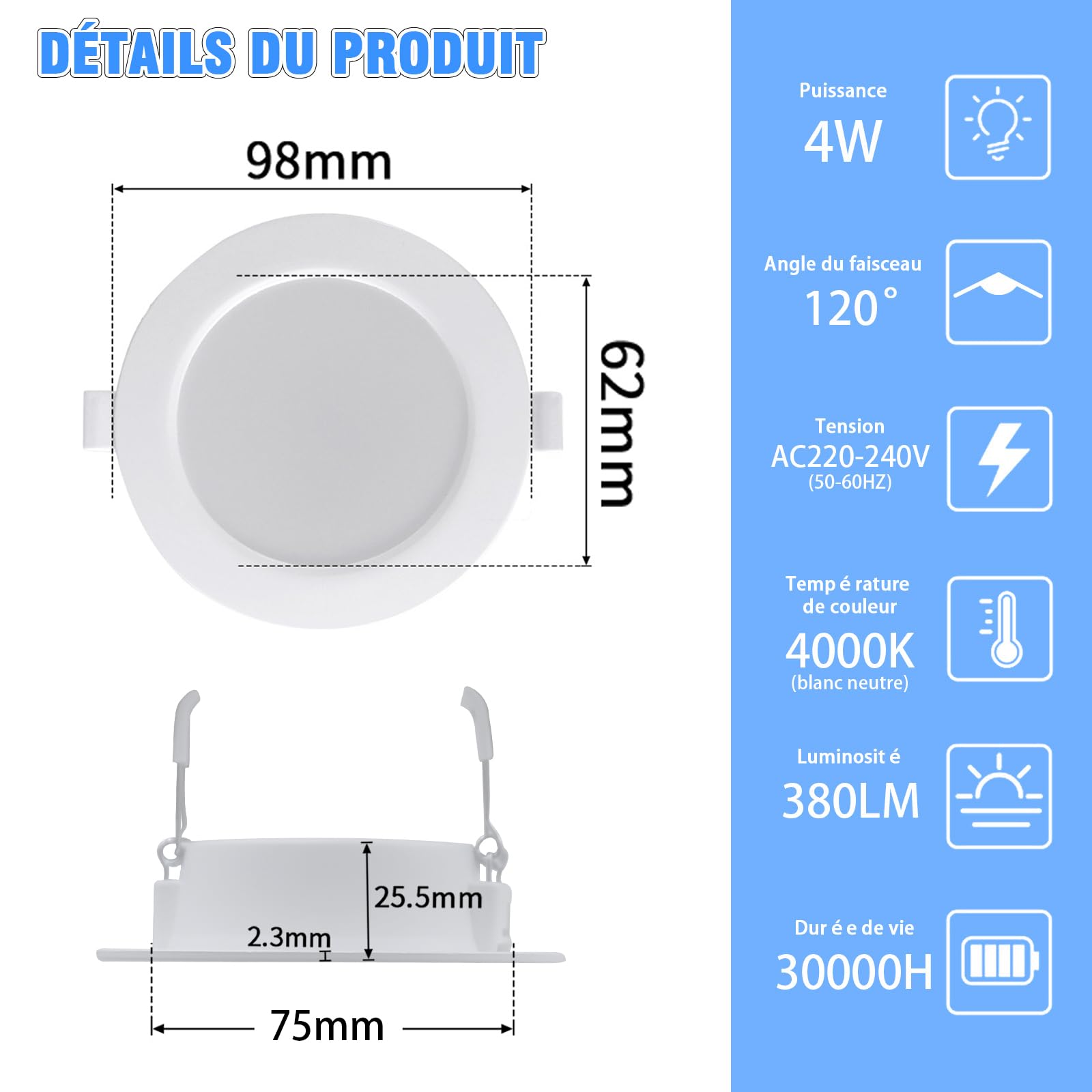 ETUOLMP Spot LED Encastrable Extra Plat 4W 380 Lumen Spot Salle De Bain IP44 Blanc Neutre 4000K Spot Encastrable LED AC220-240V Pour Salle de Bain, Cuisine, Salon, Lot de 6