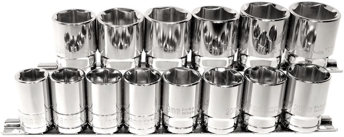 K Tool International 28100 Shallow Metric Socket Set with 1/2" Drive for Garages, Repair Shops and DIY, 6 Point, Heat-treated, Chrome Vanadium Steel, 15mm to 28mm, Socket Rail, 14 Piece