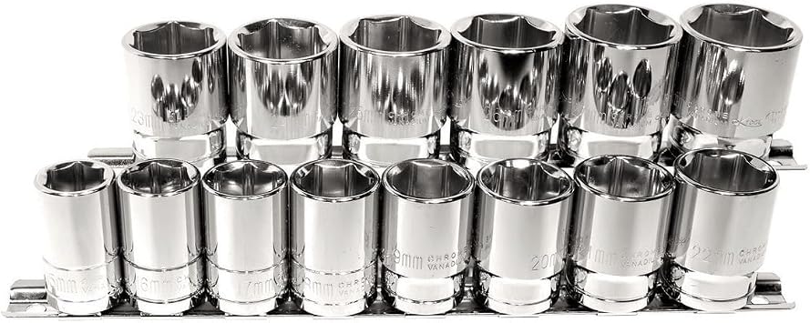 K Tool International 28100 Shallow Metric Socket Set with 1/2" Drive for Garages, Repair Shops and DIY, 6 Point, Heat-treated, Chrome Vanadium Steel, 15mm to 28mm, Socket Rail, 14 Piece