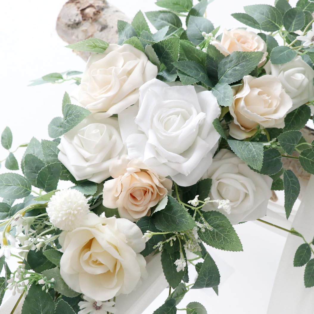 Hochzeit Swag Bogen Blumen (Packung mit 2), künstliche Rosen Swag Blumen Blumenarrangement Swag für Hochzeit Zeremonie Empfang Backdrop Stuhl Dekoration (Champagner Weiß)