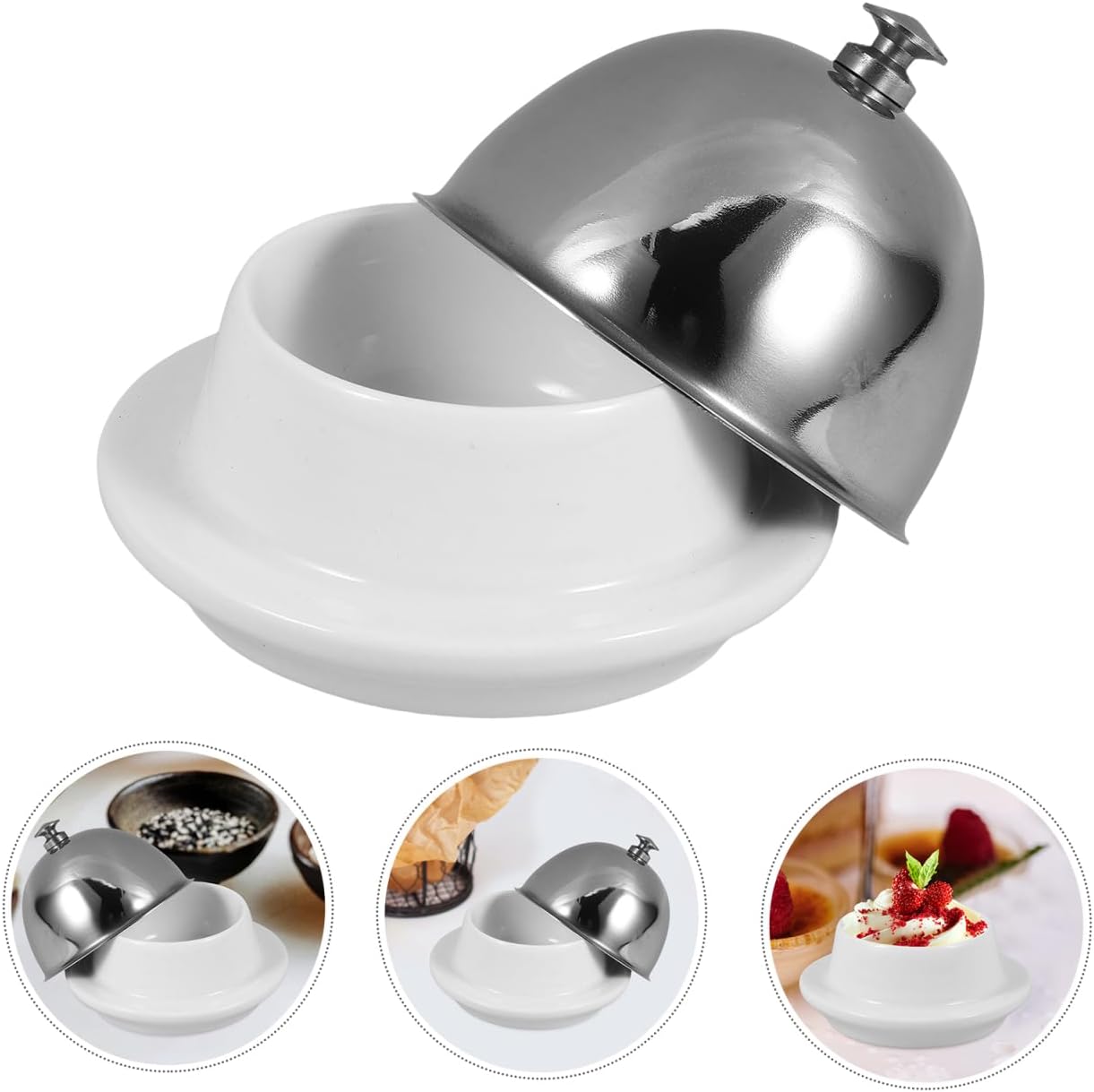 DOITOOL Ceramic Butter Dish with Stainless Dome Cover, Cheese Dish with Lid for for Countertop, Small Cheese Plate Serving Tray with Handled Lid for Dessert, Cupcake, Cream Cake, Appetizer (3PCS)