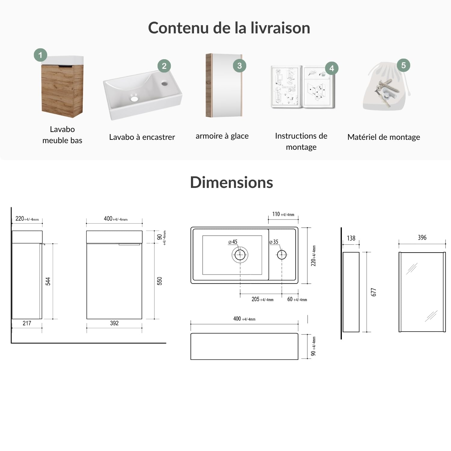 Planetmöbel Meuble sous lavabo avec Armoire de Toilette Ensemble de Meubles de Salle de Bain 40 cm pour Salle de Bain WC invités Chêne doré
