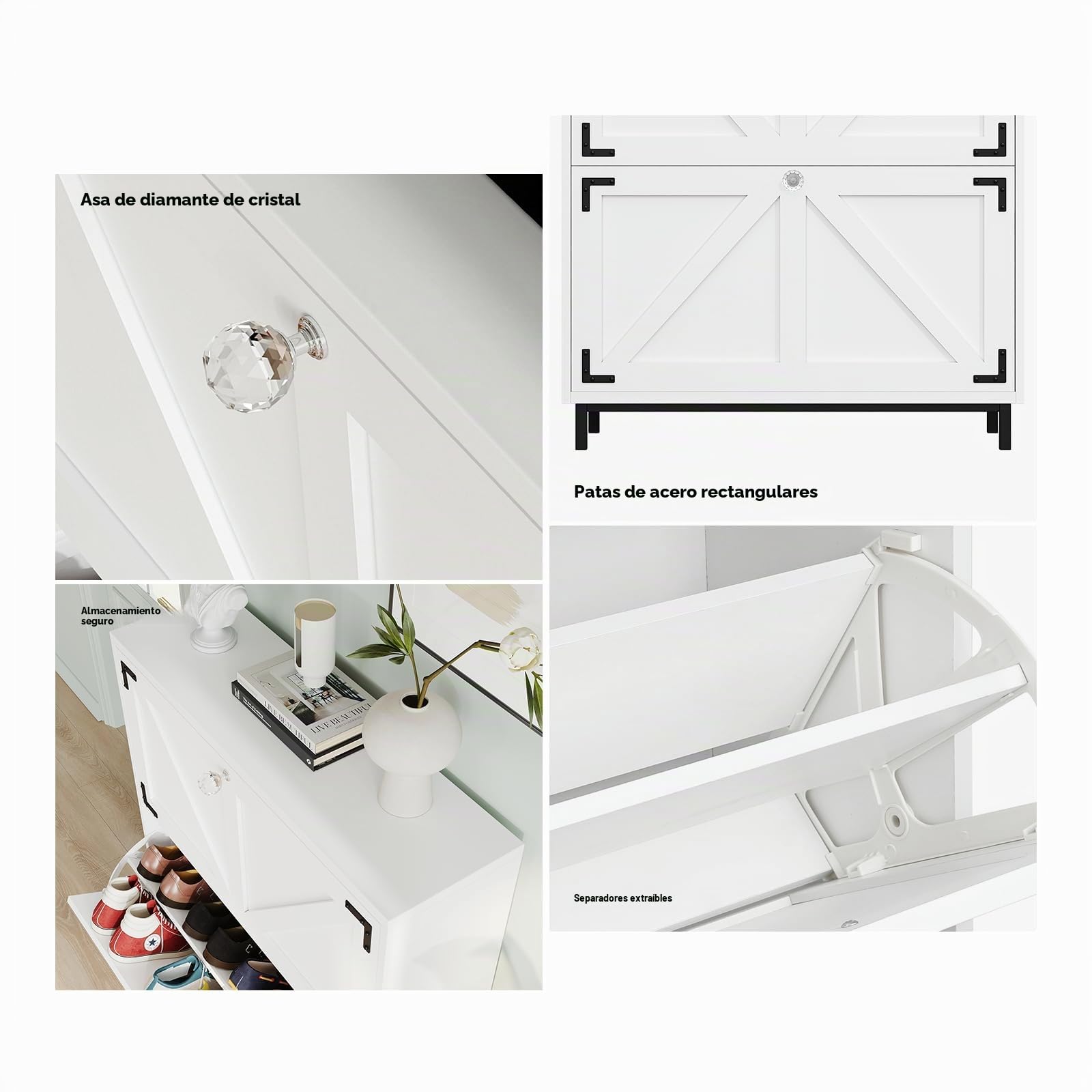 VOWNER Zapatero Entrada Recibidor, 2 Puertas, Zapatero Blanco, Particiones Ajustables, Madera, para Entrada Estrecha, con Patas de Acero, 80 x 24 x 92 cm, Pasillo