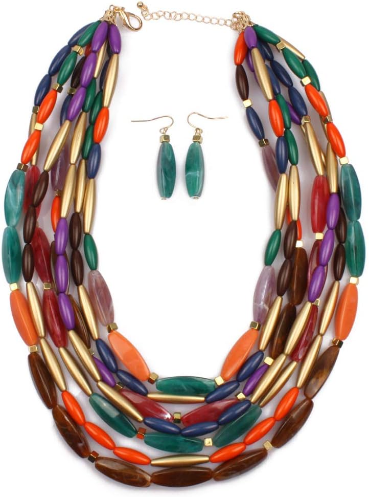 Layered Chunky Beaded Bib Choker Necklace Earrings Set for Women - Acrylic Multi-Colored Bead Adjustable Chain Collar Necklaces Hook Hoop Earring Statement Bubble Boho Jewelry Handmade Strand