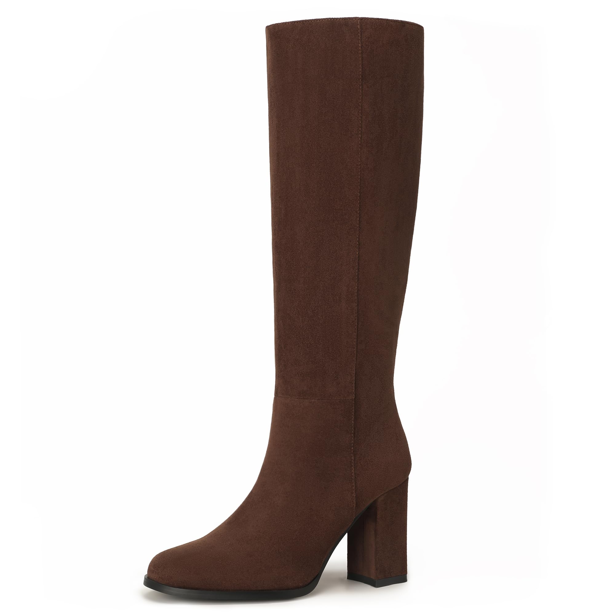 IDIFU IN3 Women's Knee High Round Toe Block Chunky Heeled Dress Boots 8.5 Dark Brown Suede