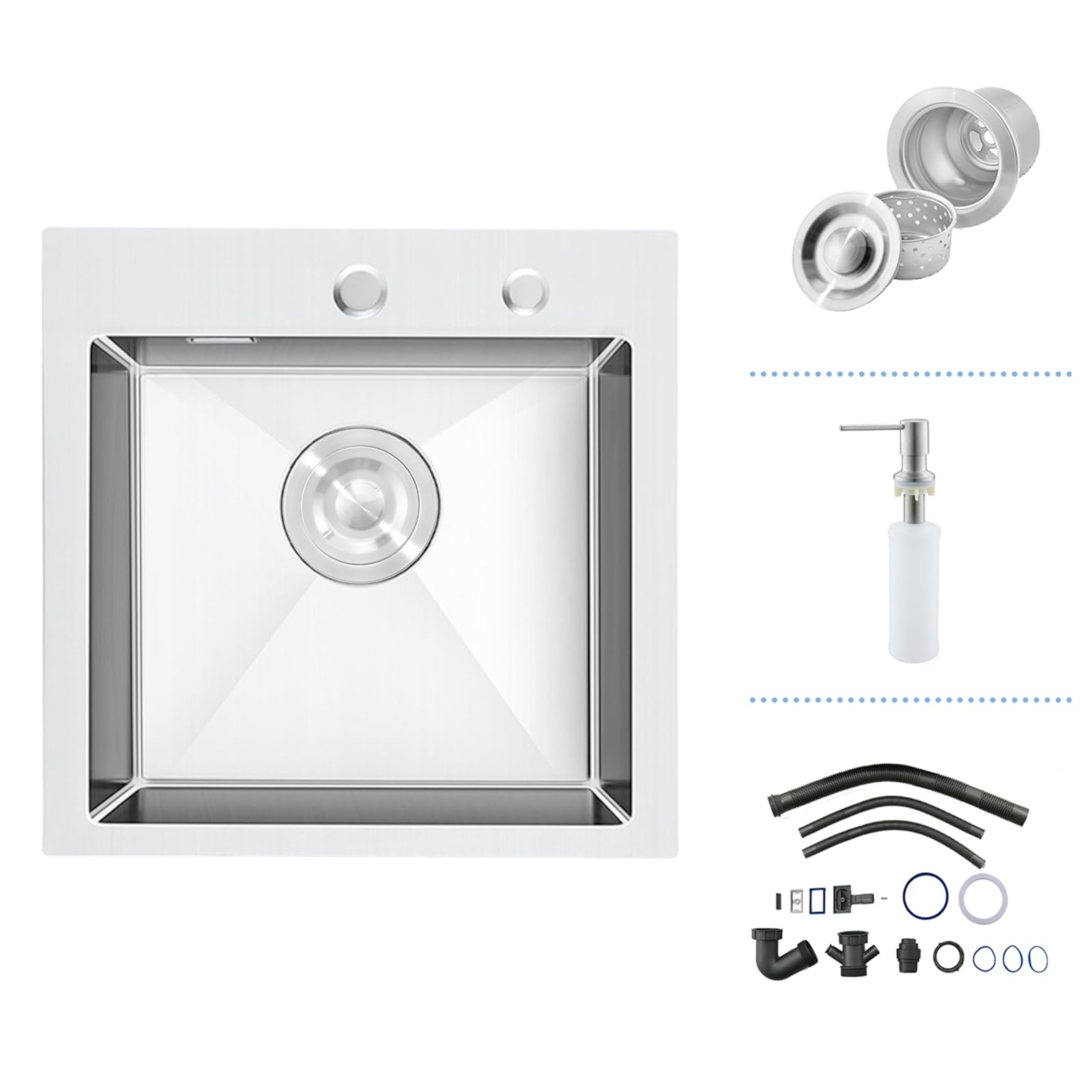 304 Stainless Steel Kitchen Sink 45 x 45 cm, Small Kitchen Sink, Drop in Topmount Single Bowl with 2 Tap Holes Overflow, Siphon and Soap Dispenser, 1 Bowl, Brushed Nickel