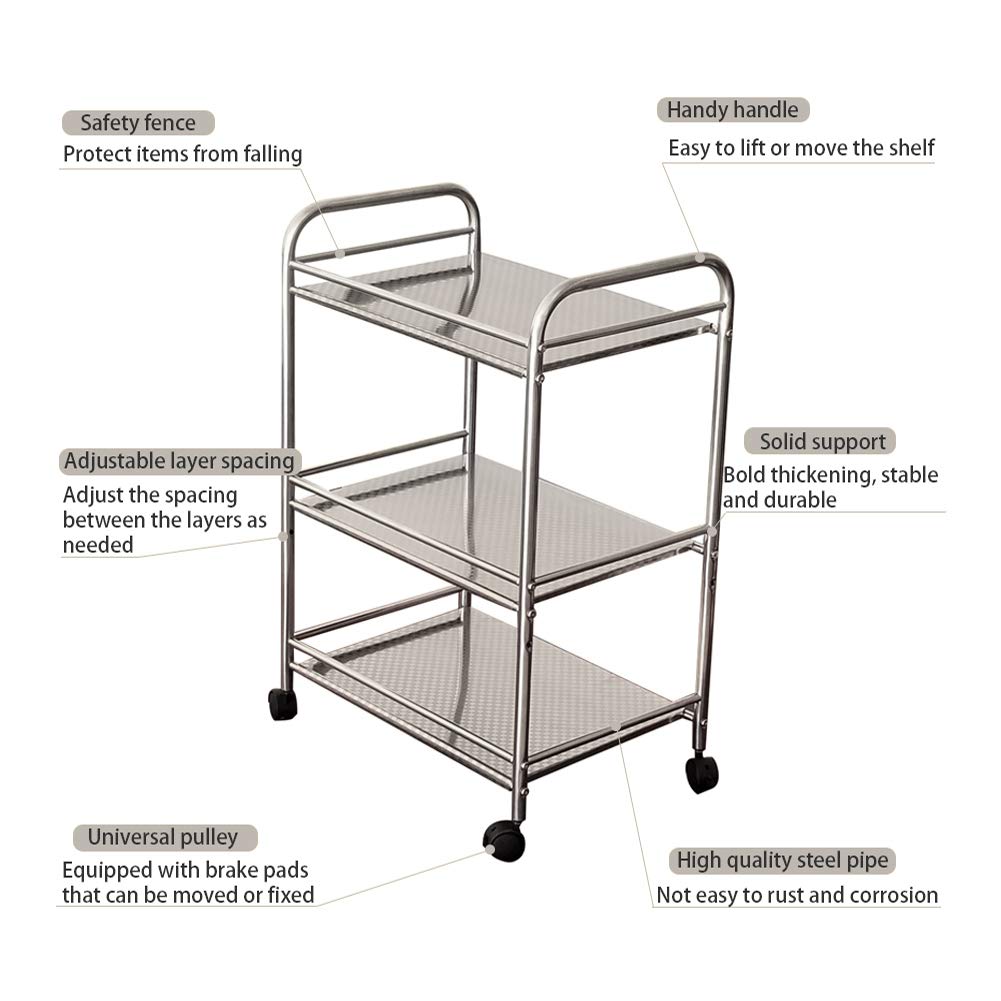 CLIPOP Carro de almacenamiento de cocina de 3 niveles, de acero inoxidable, carrito de servicio rodante con rueda de bloqueo para cocina, hoteles, restaurantes y hogares de cuidado (35 x 50 x 75 cm)