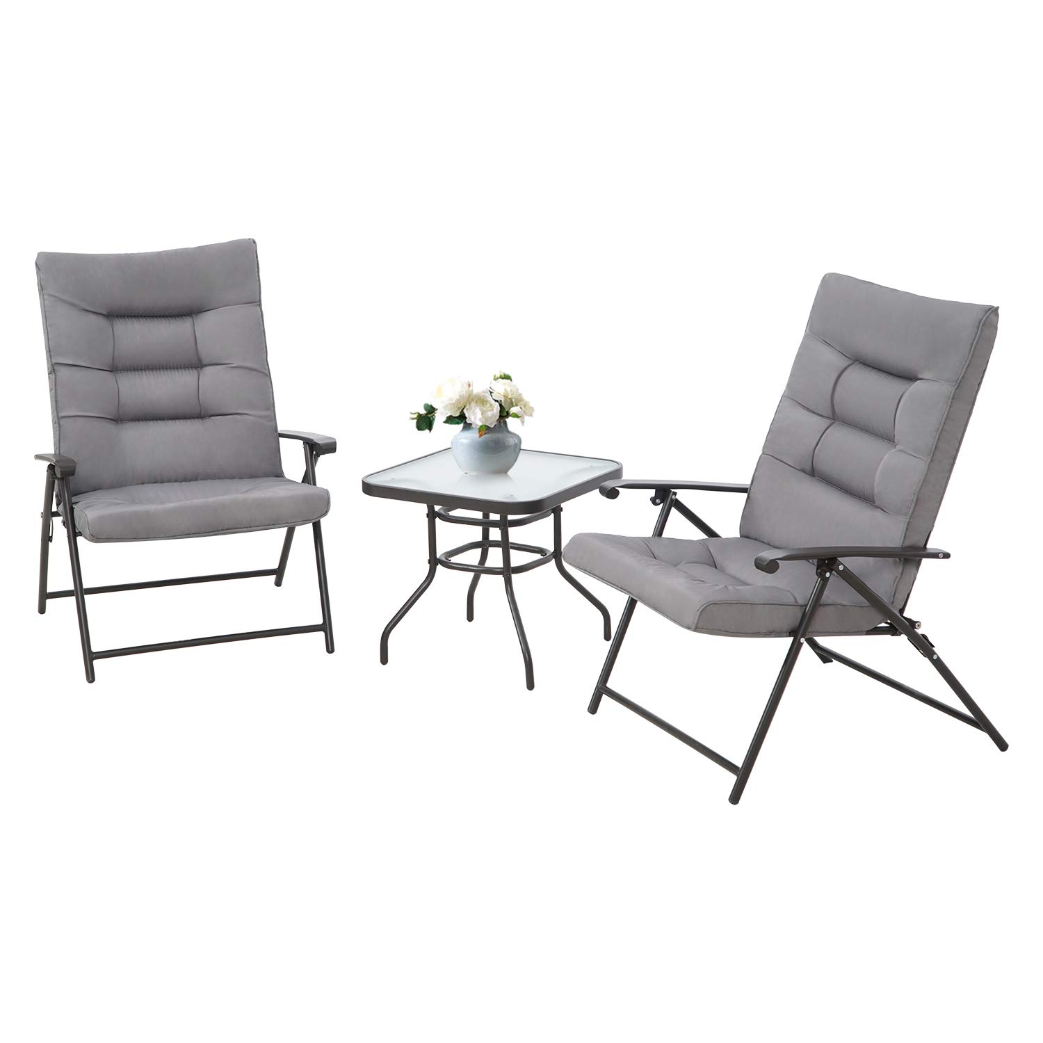 SUNCROWN 3 Pcs Patio Padded Folding Chair Set Outdoor Foldable Balcony Chair Adjustable Lounge Chair
