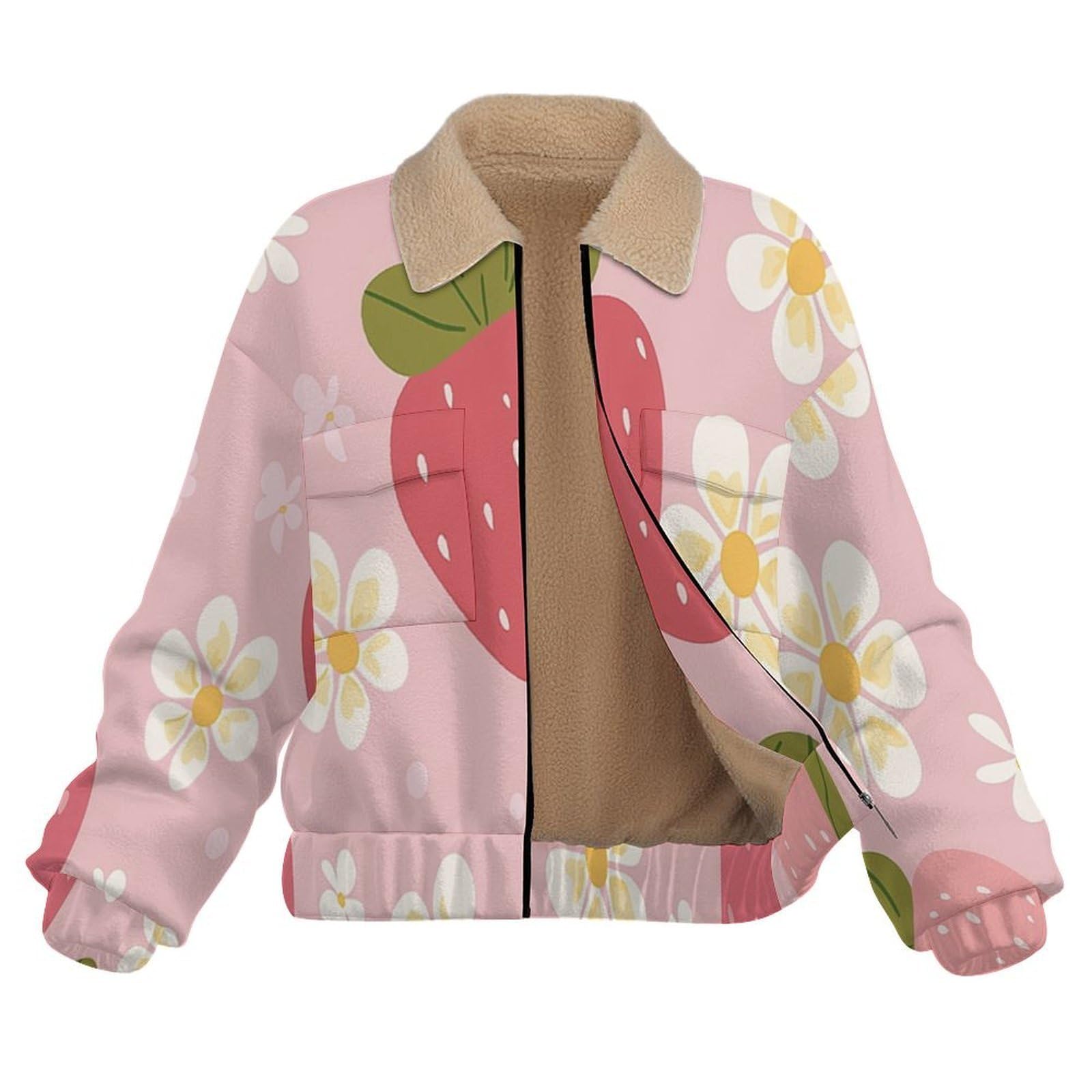 Donna Pile Stampa geometria Caldo con Cerniera, Giacca da Camera Invernale Corta Pile Giacche, Fiori fragola Cappotto In Peluche Sherpa Giubbotto Fleece Comoda