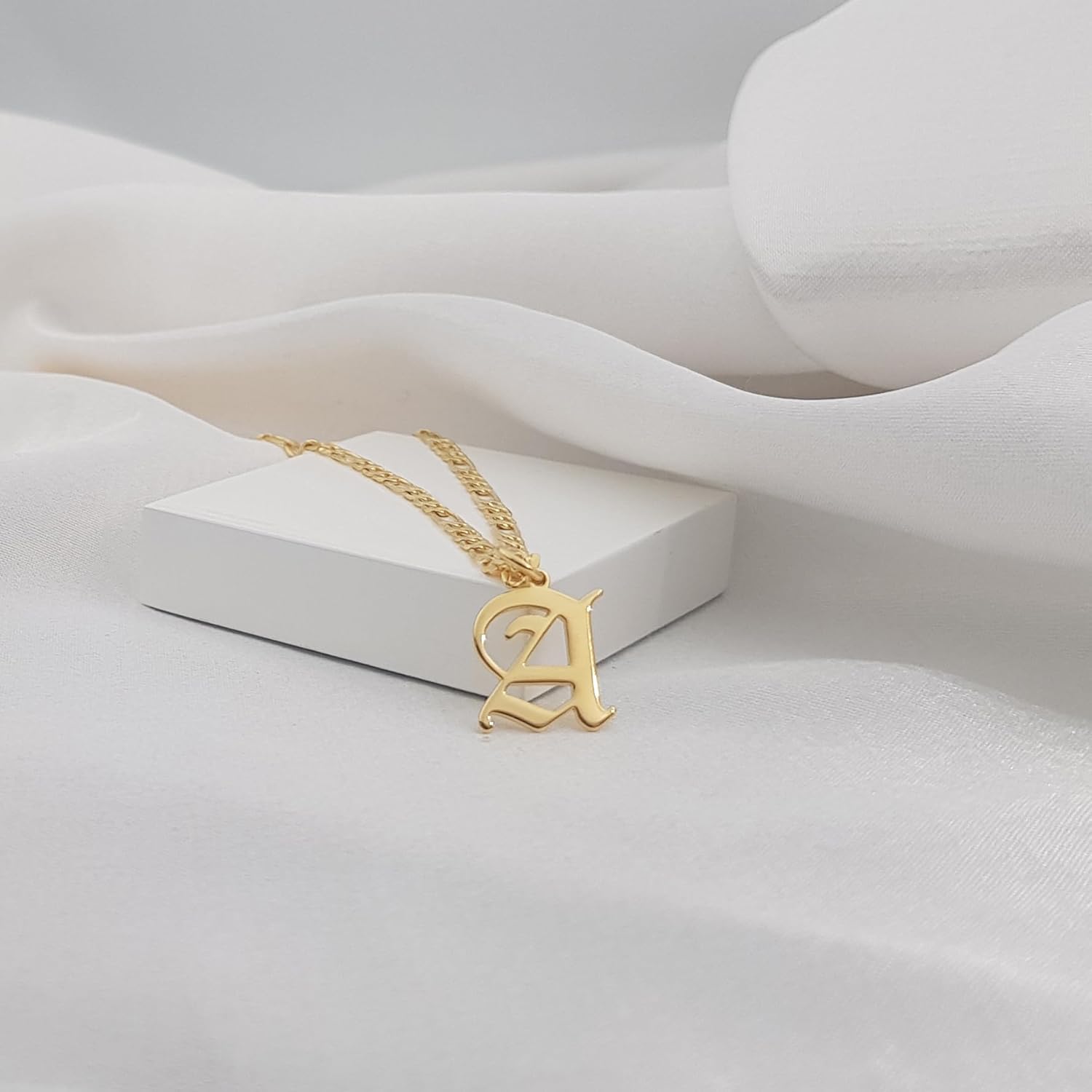 Beleco 14k Gold Plated Initial Pendant Necklace for Women – A-Z Letter Necklace with Figaro Chain, Old English Personalized Gold Alphabet Charm Jewelry - Image 6