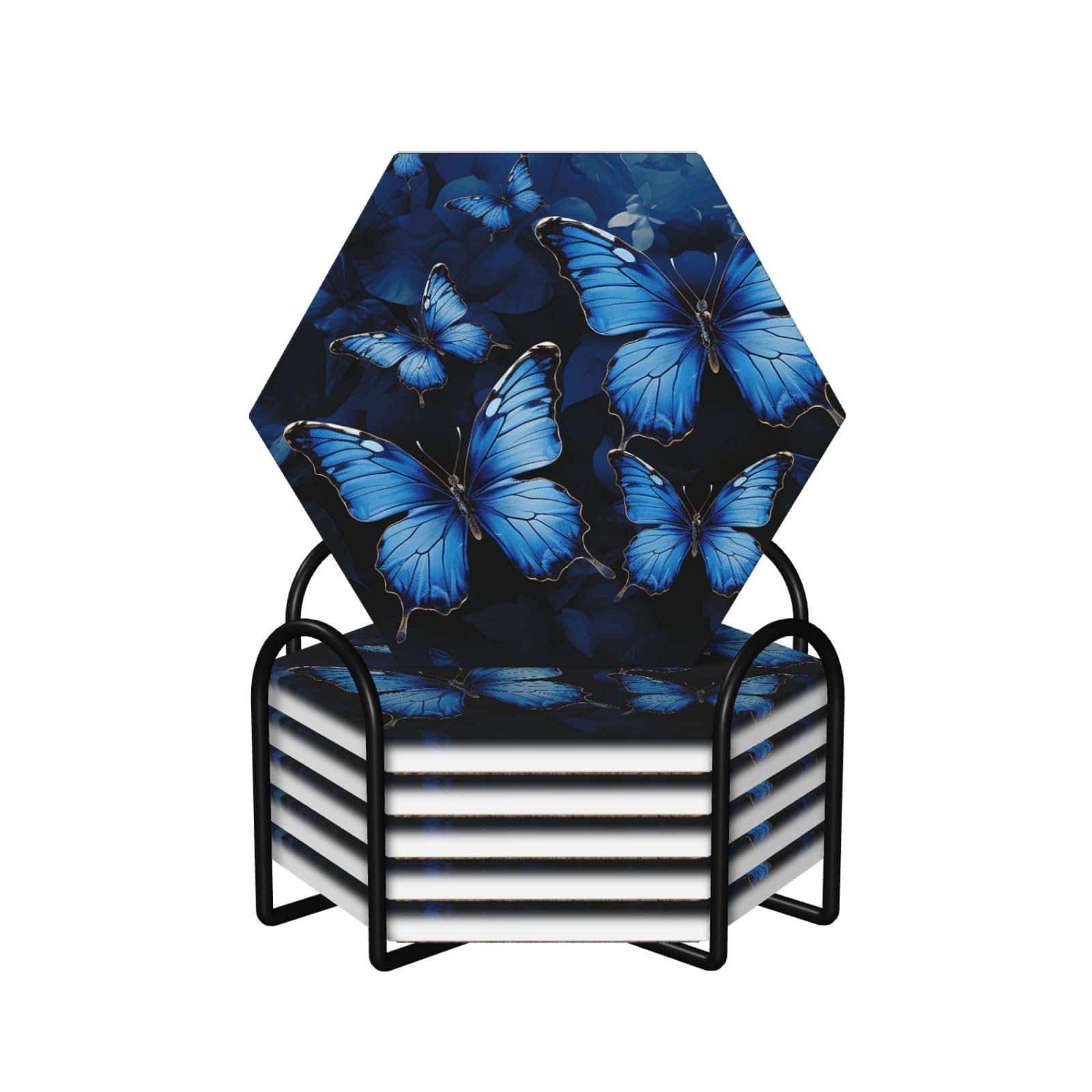 Dessous de verre en céramique et liège décor papillons bleu marine avec socle