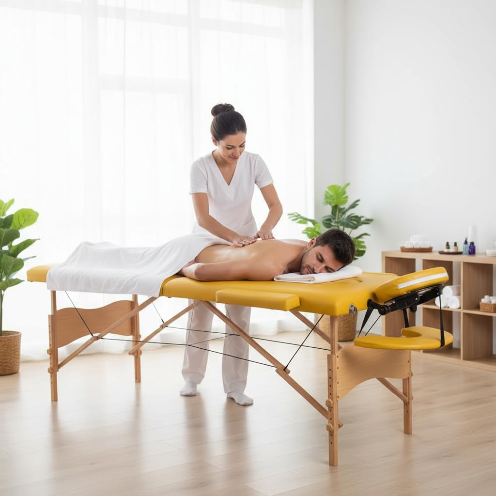 Mucola Massageliege 3 Zonen Massagetisch Holz| klappbar und höhenverstellbar | Portable Massagebank inkl. Zubehör Kopfstütze, Armlehnen und Tragetasche - Gelb