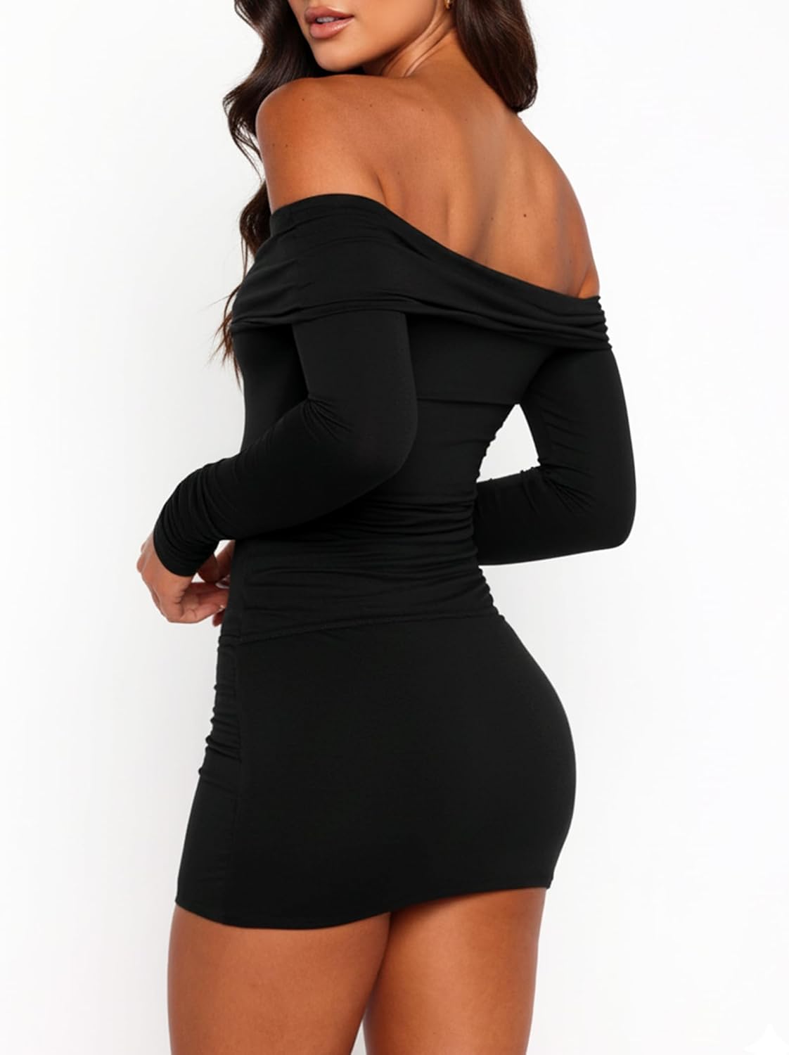 OZICERD Off The Shoulder Mini Dresses for Women Long Sleeve Bodycon Going Out Dress Cocktail Party Club Rave Short Black - Image 5