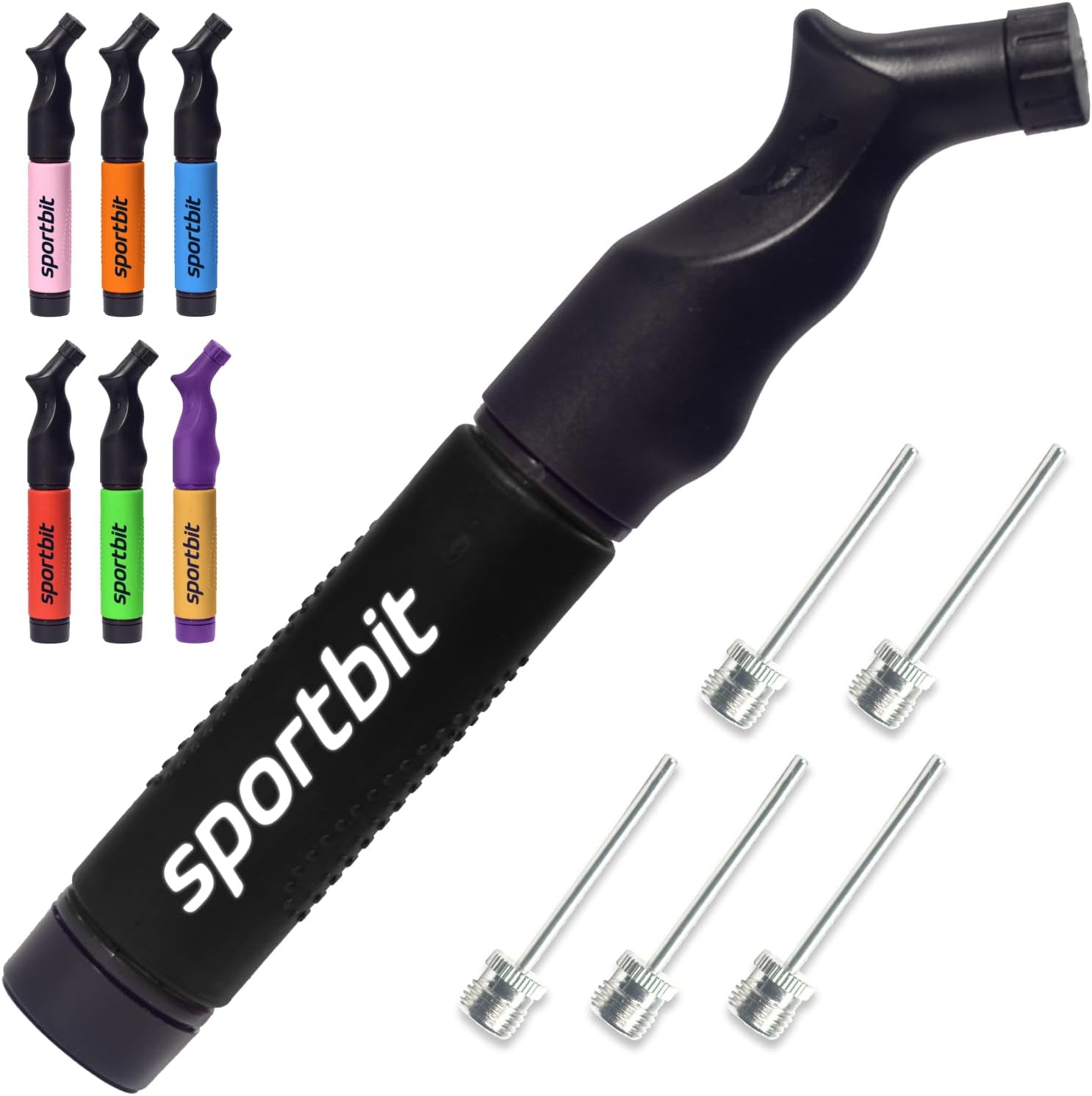 SPORTBIT Ball Pump with 5 Needles - Push & Pull Inflating System - Great for All Sports Balls - Football Ball Air Pump, Volleyball Pump, Basketball Inflator - Goes with Needles Set