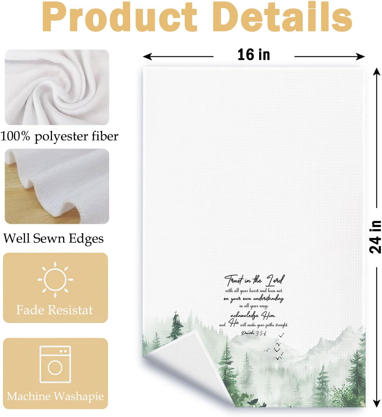 Forest Christian Kitchen Towels, Trust in The Lord with All Your Heart Bible Verse Dish Tea Towels, Christian Gifts for Women Men Decorative Hand Towel for Bathroom Kitchen, 16x24 Inch - Image 6