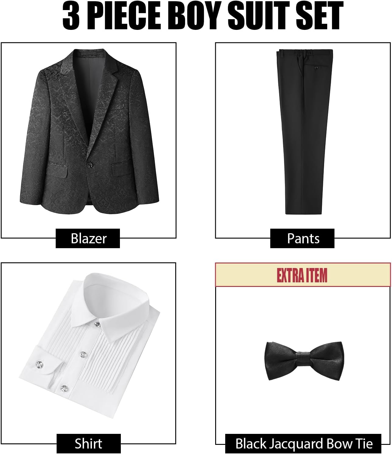 Boys Tuxedo Suit 4-Piece Set Floral Jacquard Blazer with Shirt Pants Bow Tie for Wedding Party Prom Size 4-18