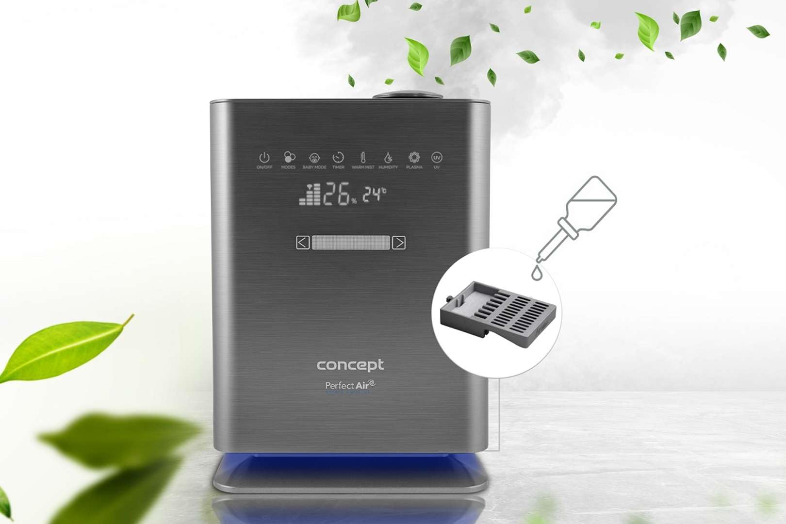 Concept Perfect Air ZV2021 nawilżacz powietrza do pomieszczeń do 50 m2, dyfuzor zapachowy, lampa UVC, dotykowy wyświetlacz LED, timer, automatyczna kontrola wilgotności