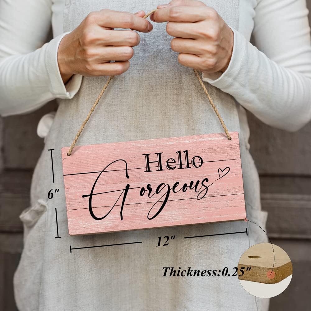 Heuhuww Hello Gorgeous Decorative Wood Signs 6x12 Inch Pink Wall Art for Room Home Decor,Minimalist Modern Glam Beauty Fashion Artwork image 3