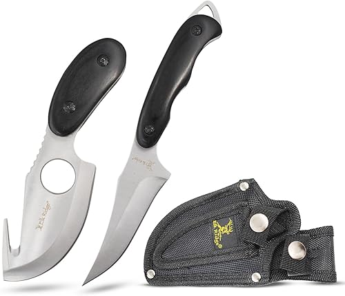 Elk Ridge Serie ER-300, juego de cuchillos de caza de hoja fija de 2 piezas con gancho para destripar y cuchillo para cape, acero 3Cr13MoV, mango de