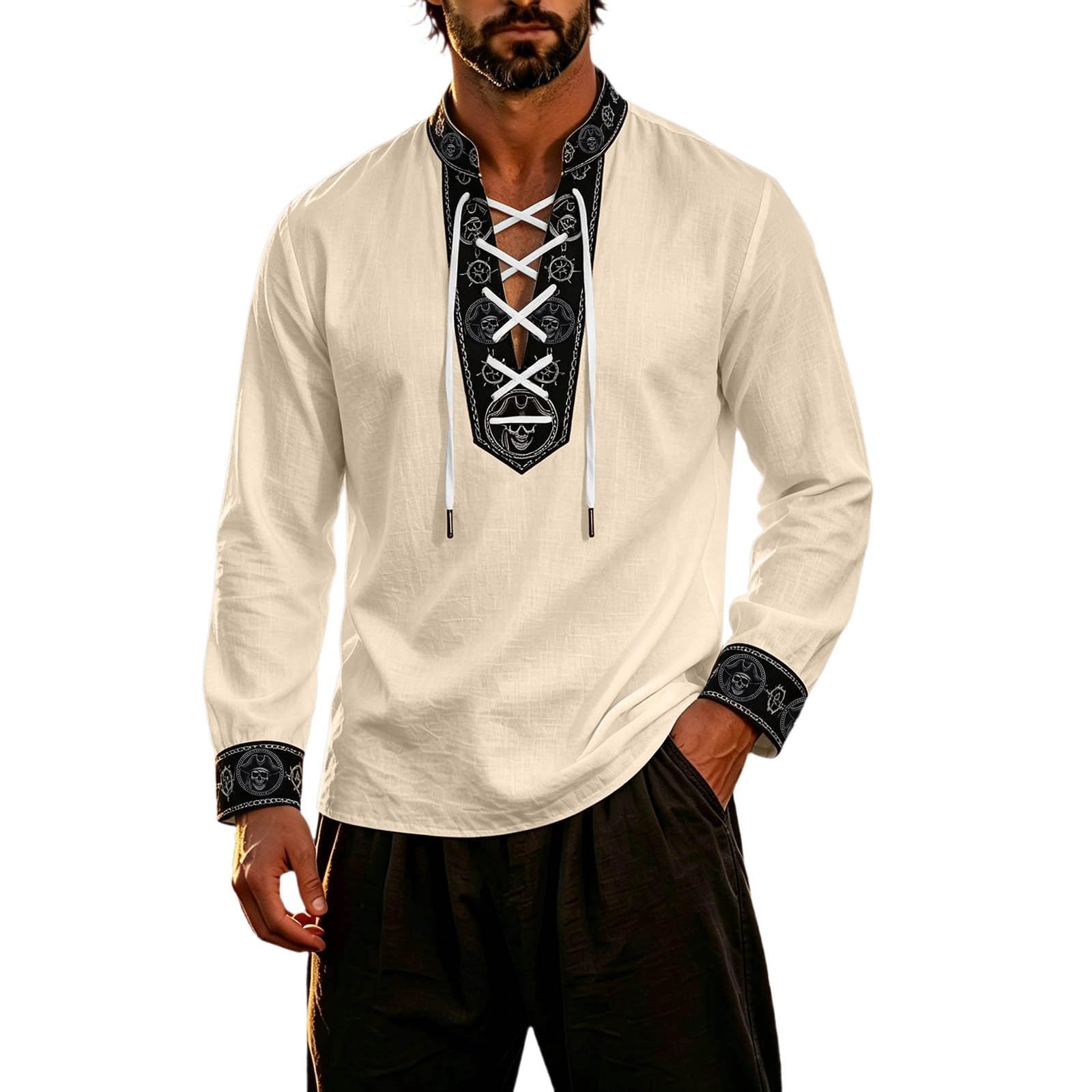 Classic Themed Men's Long Sleeve Shirt for Adventure Nautical Style Top with for Everyday Wear and Cosplay (a-Beige, XXL) — image 1