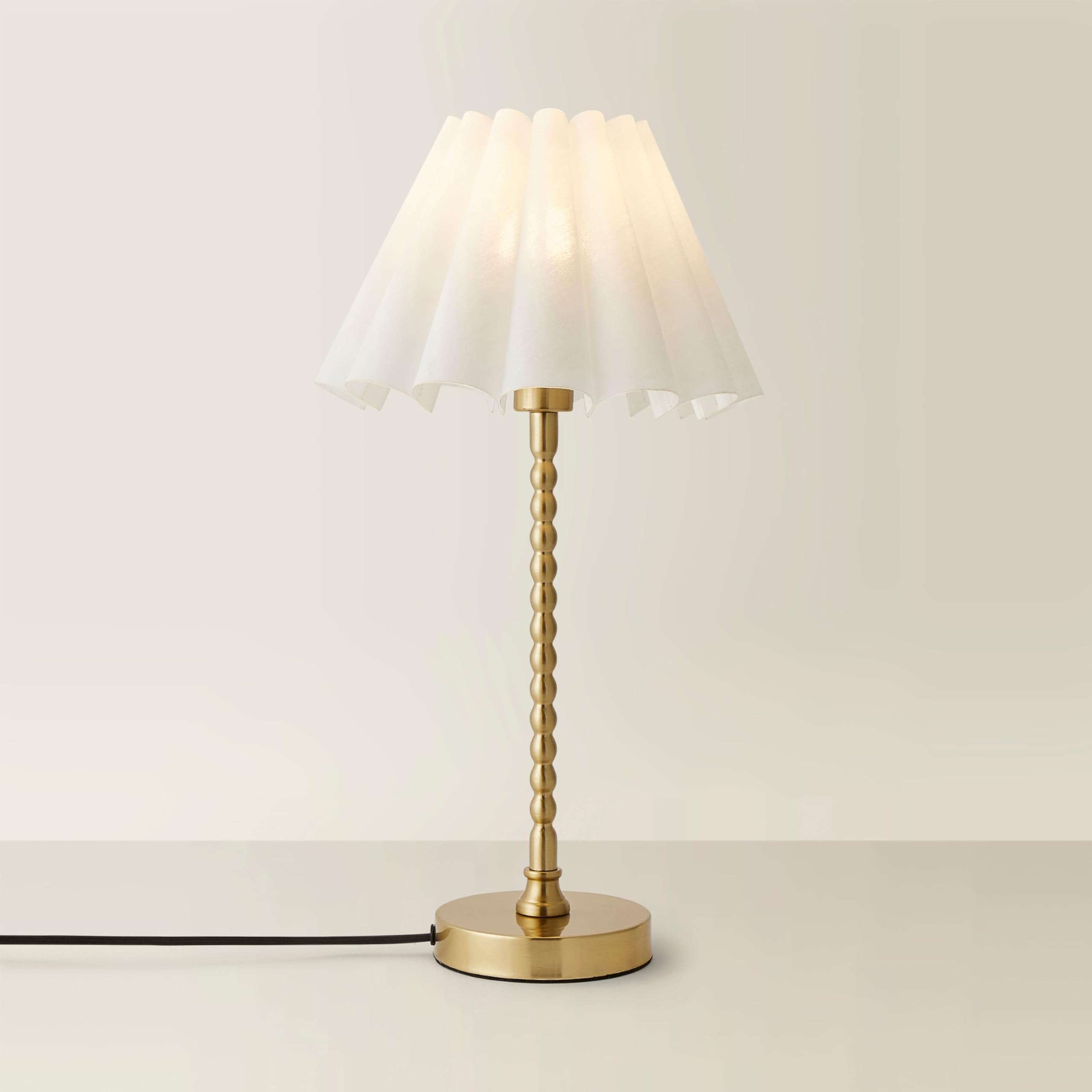 Brushed Gold Bobbin Bobble Table Lamp - Scallop Pleated Tapered Shade - Maeve - ValueLights