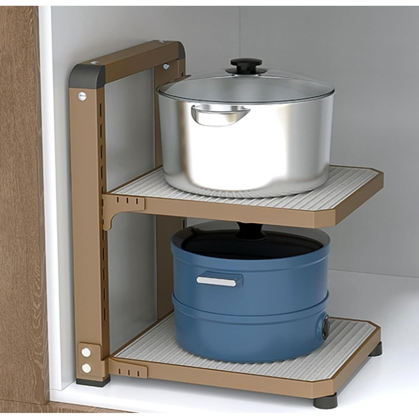 GLETSF Kitchen Cabinet Organizer Rack, Heavy Duty Adjustable Storage for Pots and Pans, Space Saving Under Solution,Brown-2 Layer