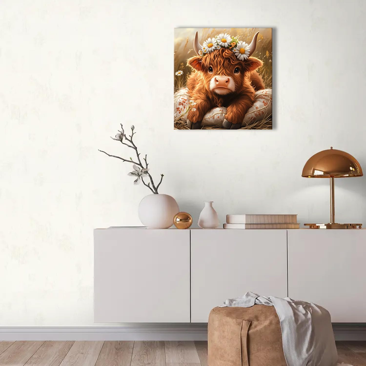 Ypxzzj Cute Colf with Daisy Crown Farm Canvas Wall Art Rustic Highland Cow Poster Picture Wall Decor Vintage Farmhouse Style Decor for Living Room Bedroom Nursery Room (20''x20'')