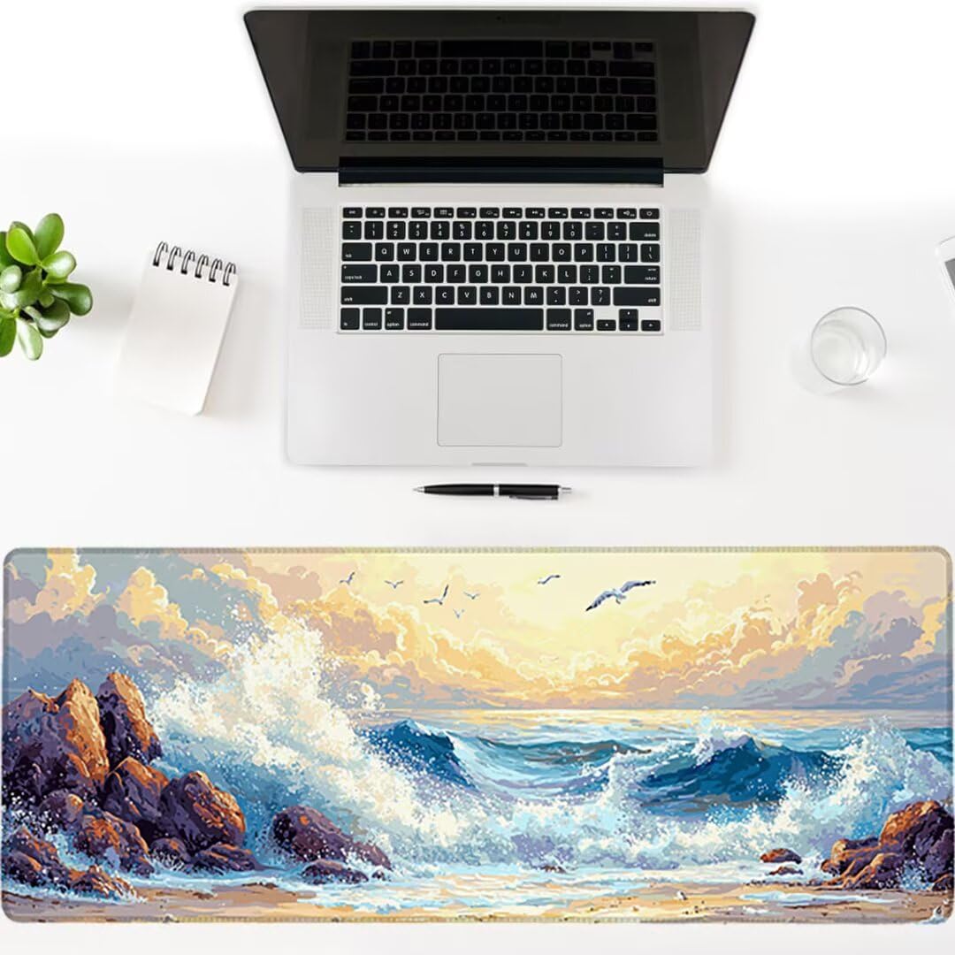Podkładka pod mysz XXL Ocean - 1600x800x3mm - krajobraz Duża mata na biurko z przeszytymi krawędziami Wodoodporna antypoślizgowa do komputera, laptopa poprawia precyzję i szybkość. -36720